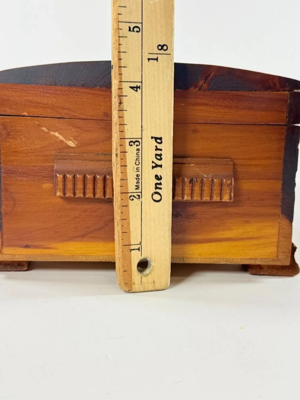 Vintage Cedar Wood Jewelry Box With Carved Floral Design & Landscape Scene Lid
